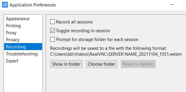 Preferences screen recording VNC Connect